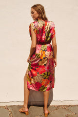 Pink Floral Garden Blouson Slit Dress