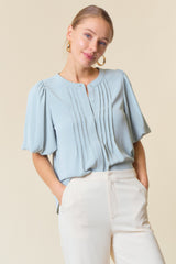 Sage Bubble Short Sleeve Pintuck Button Down Blouse