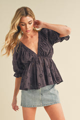 Plum Eyelet Embroidered Top