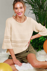 Cream 3/4 Sleeve Textured Sweater Top